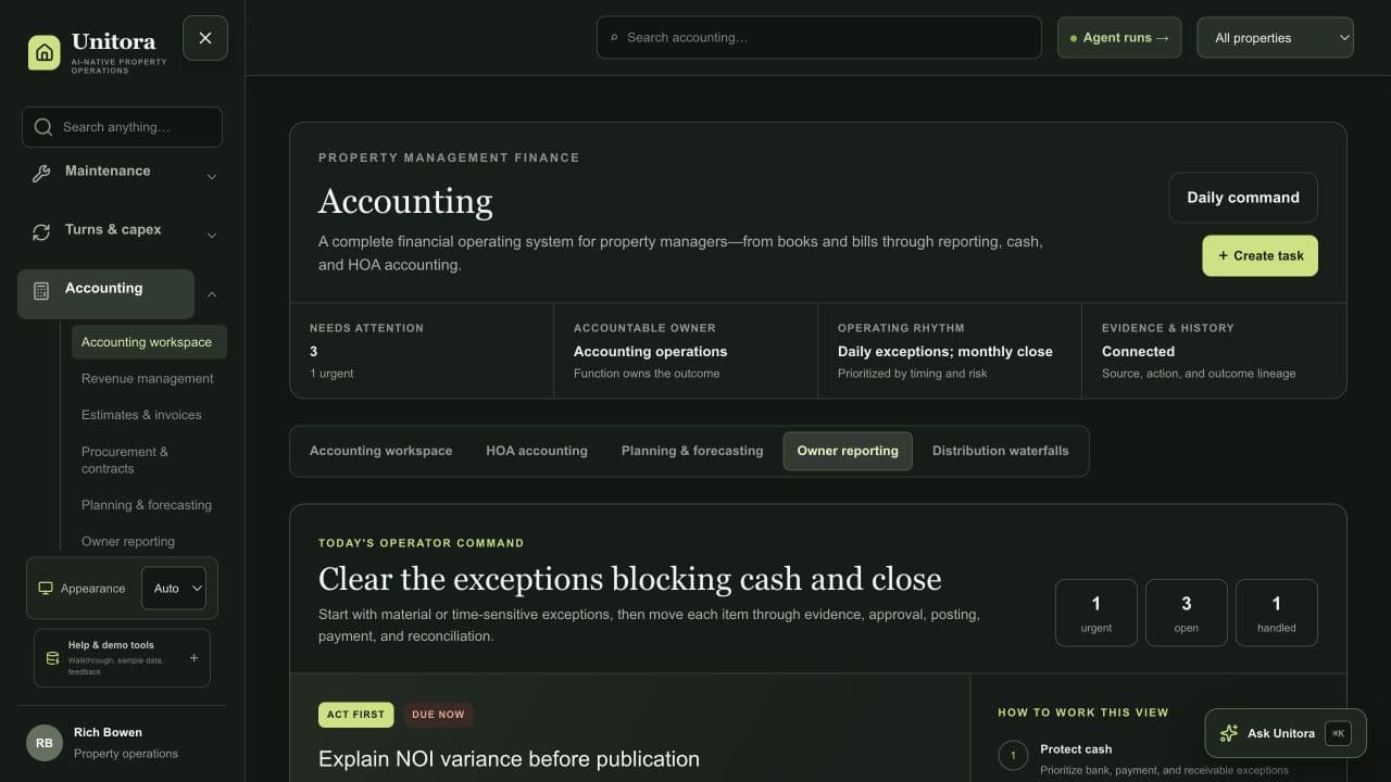 Unitora owner reporting workspace