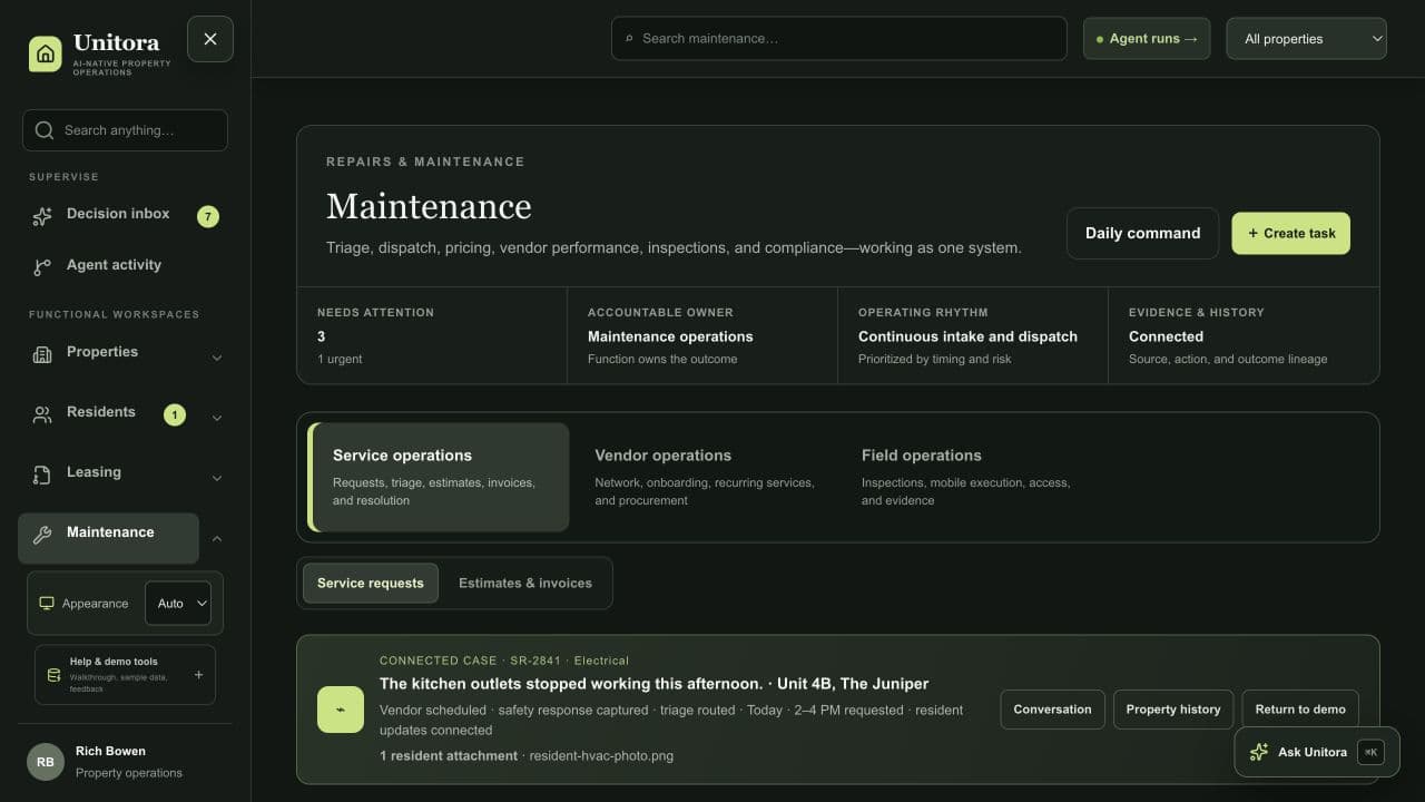 Unitora maintenance operations workspace
